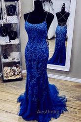 Royal Blue Mermaid Straps Tulle And Lace Party Dresses, Royal Blue Evening Prom Dresses